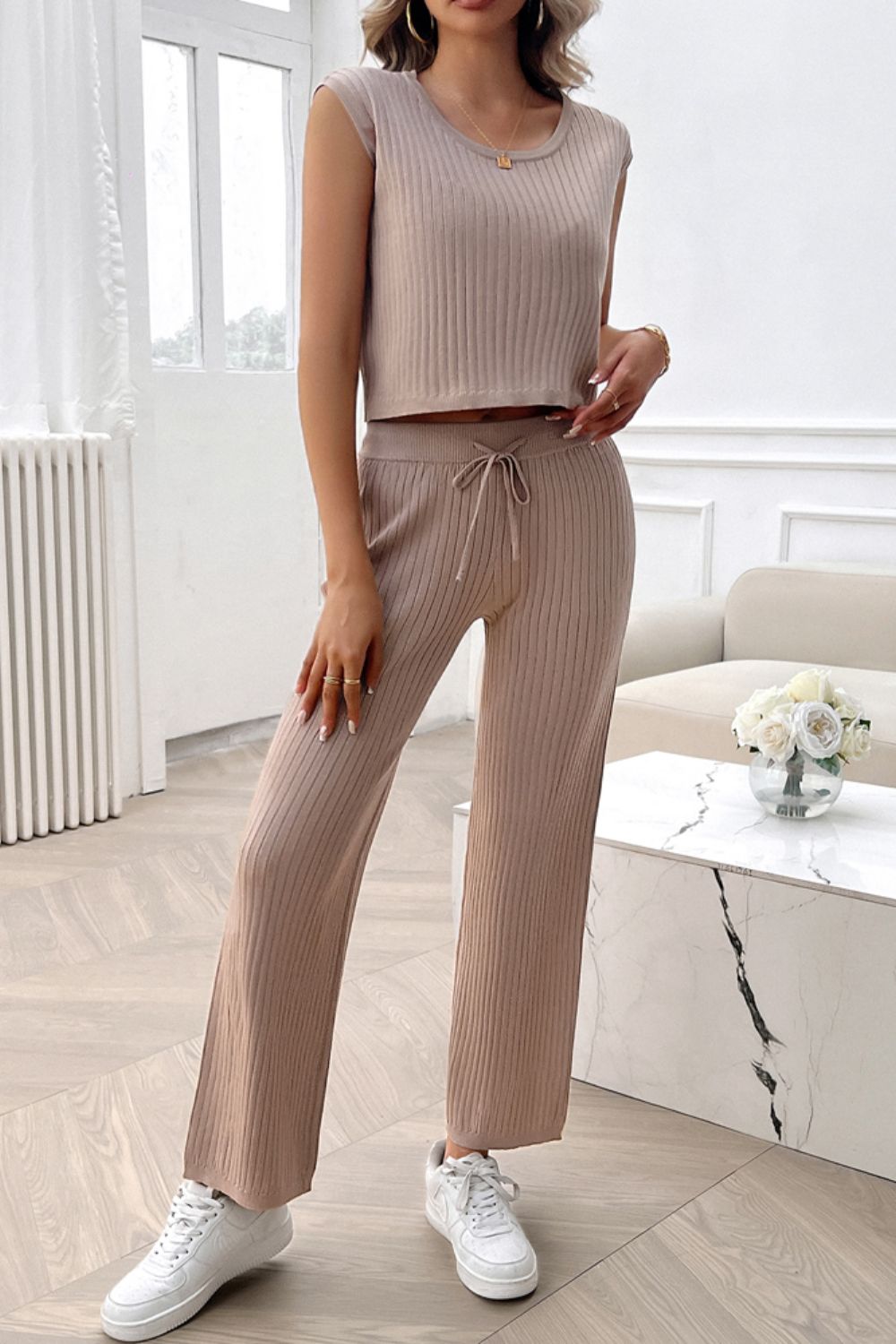 Devine Ribbed Round Neck Top and Pants Set - ViarousViarousViarous