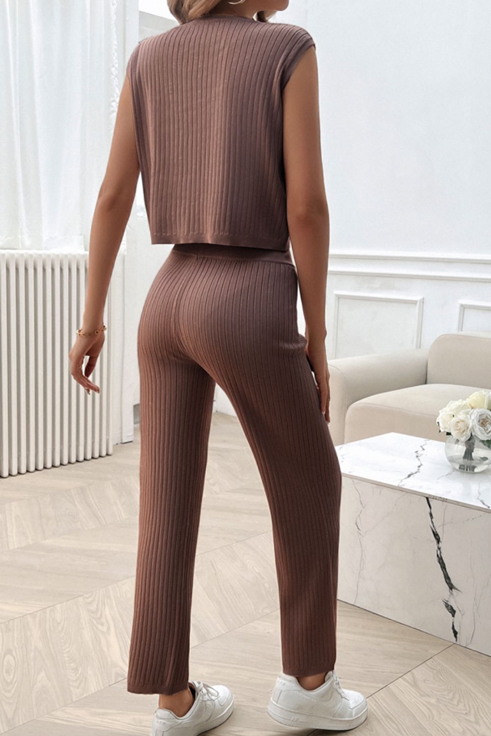 Devine Ribbed Round Neck Top and Pants Set - ViarousViarousViarous
