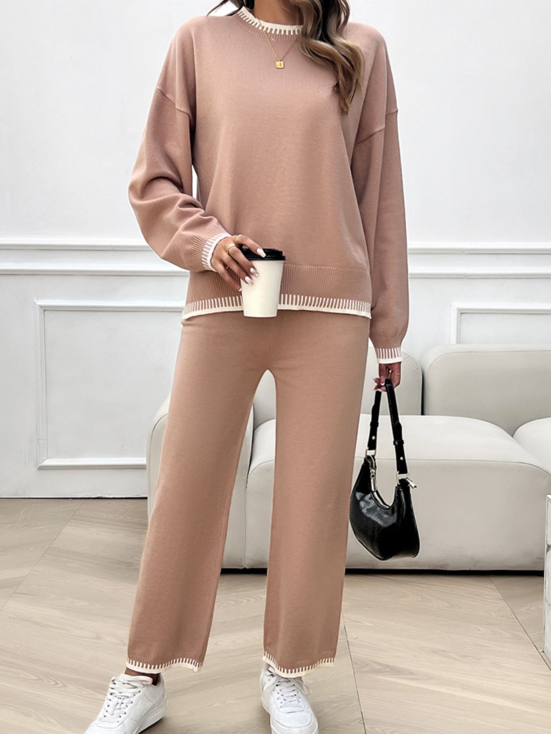 Devine Round Neck Dropped Shoulder Top and Pants Sweater Set - ViarousViarousViarous