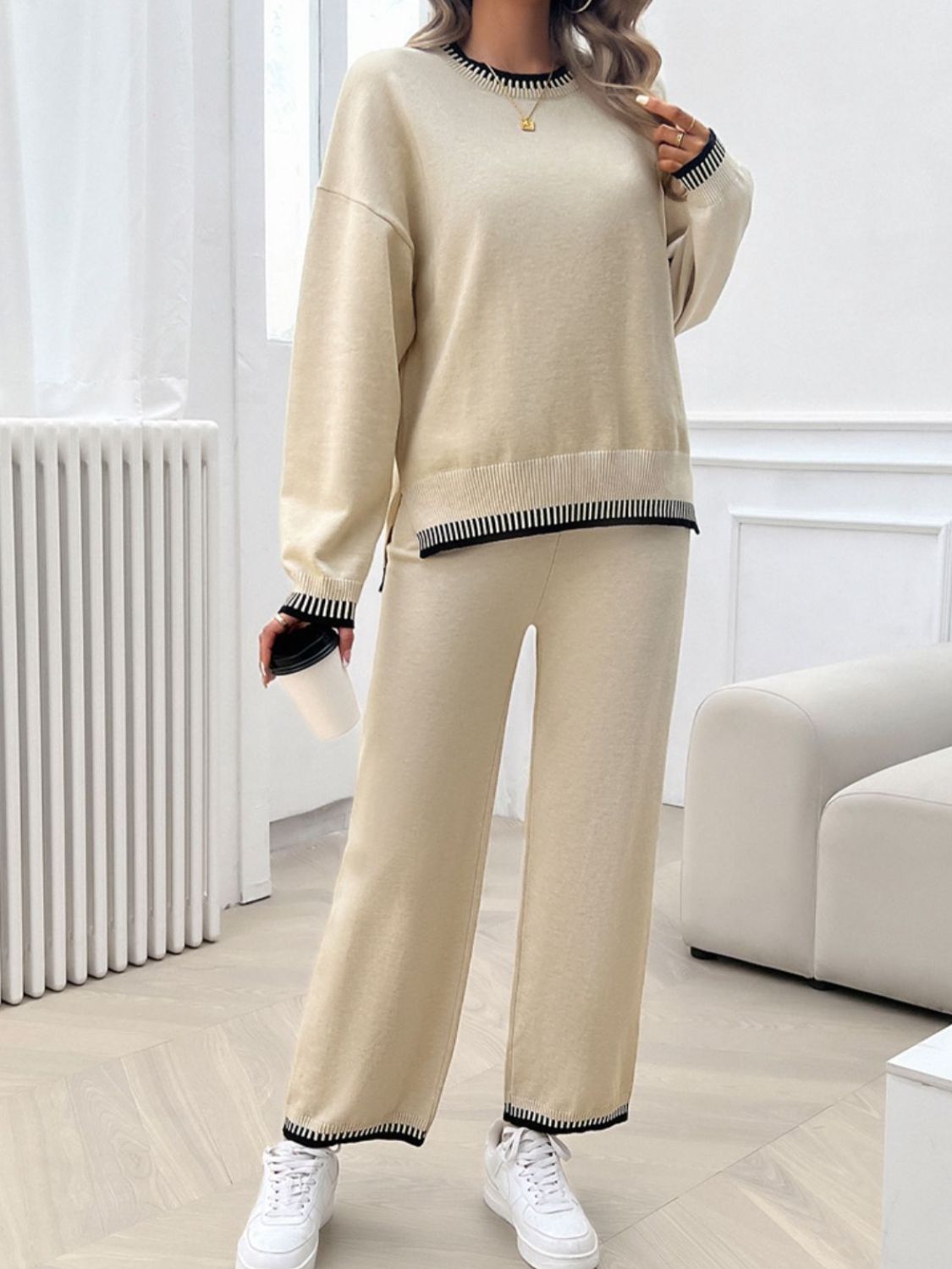 Devine Round Neck Dropped Shoulder Top and Pants Sweater Set - ViarousViarousViarous