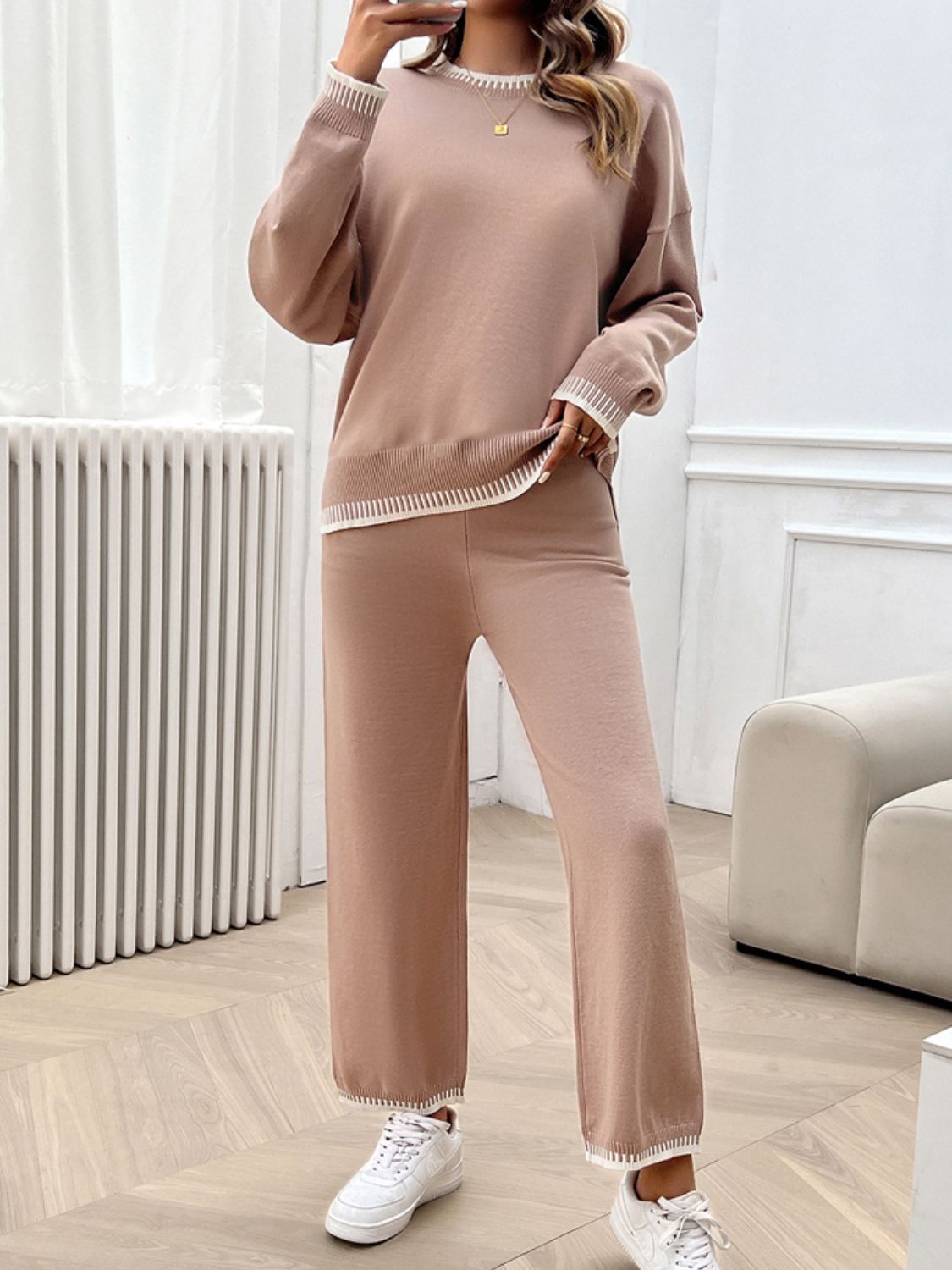 Devine Round Neck Dropped Shoulder Top and Pants Sweater Set - ViarousViarousViarous