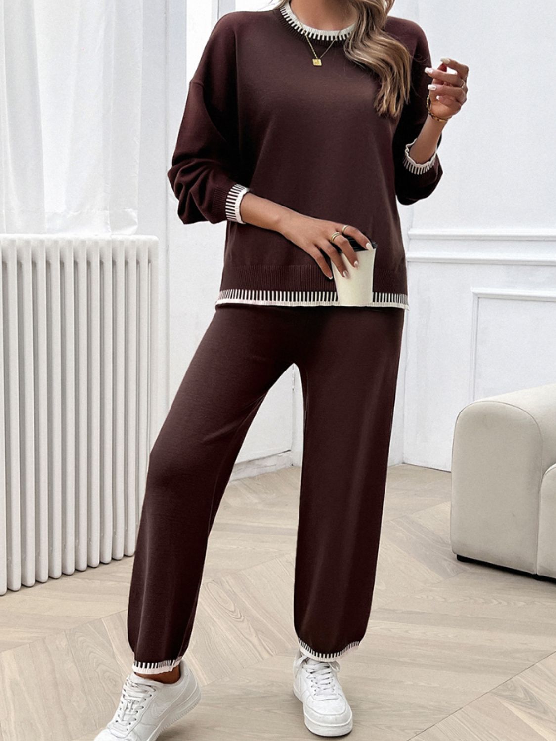 Devine Round Neck Dropped Shoulder Top and Pants Sweater Set - ViarousViarousViarous