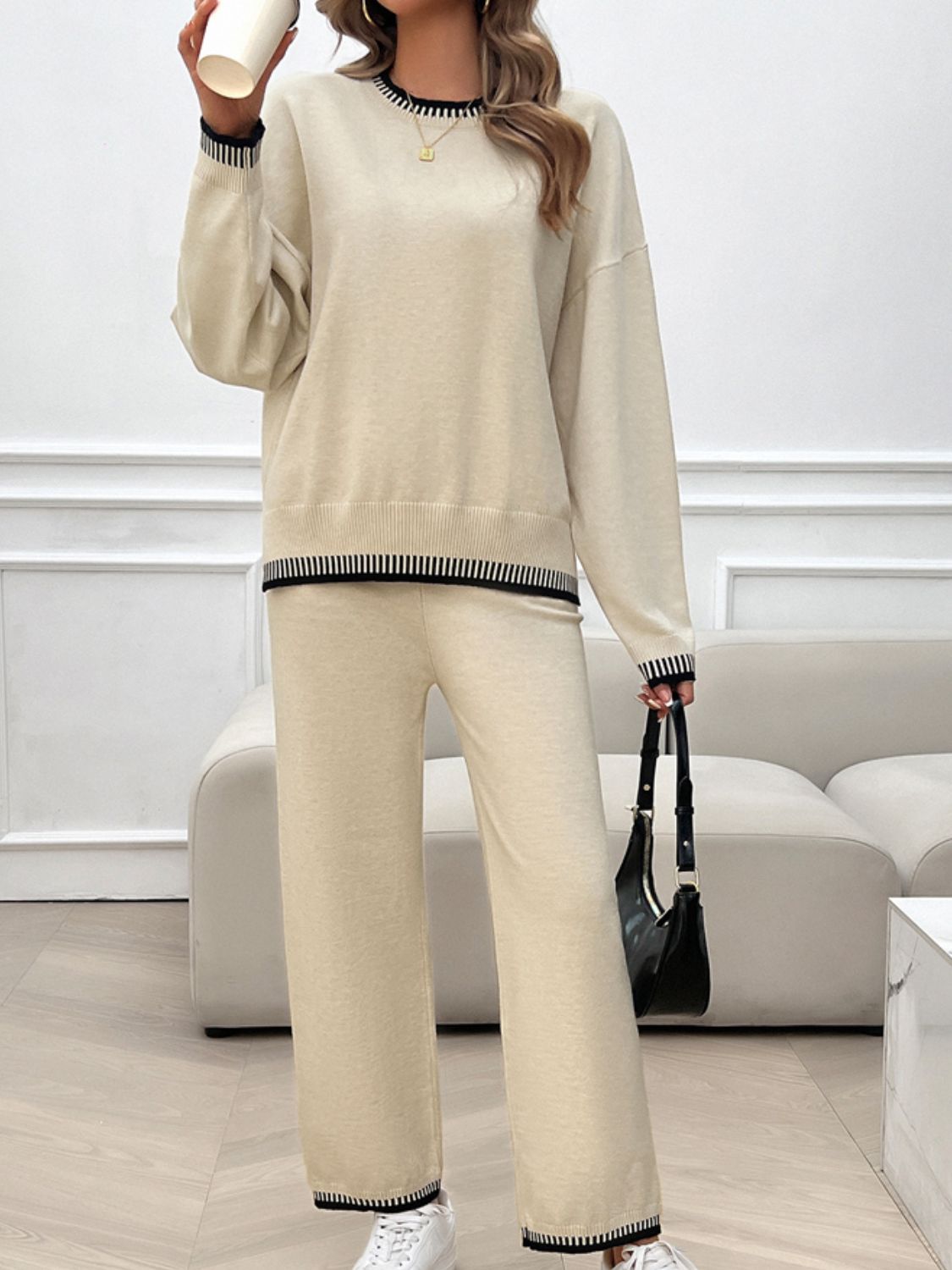 Devine Round Neck Dropped Shoulder Top and Pants Sweater Set - ViarousViarousViarous