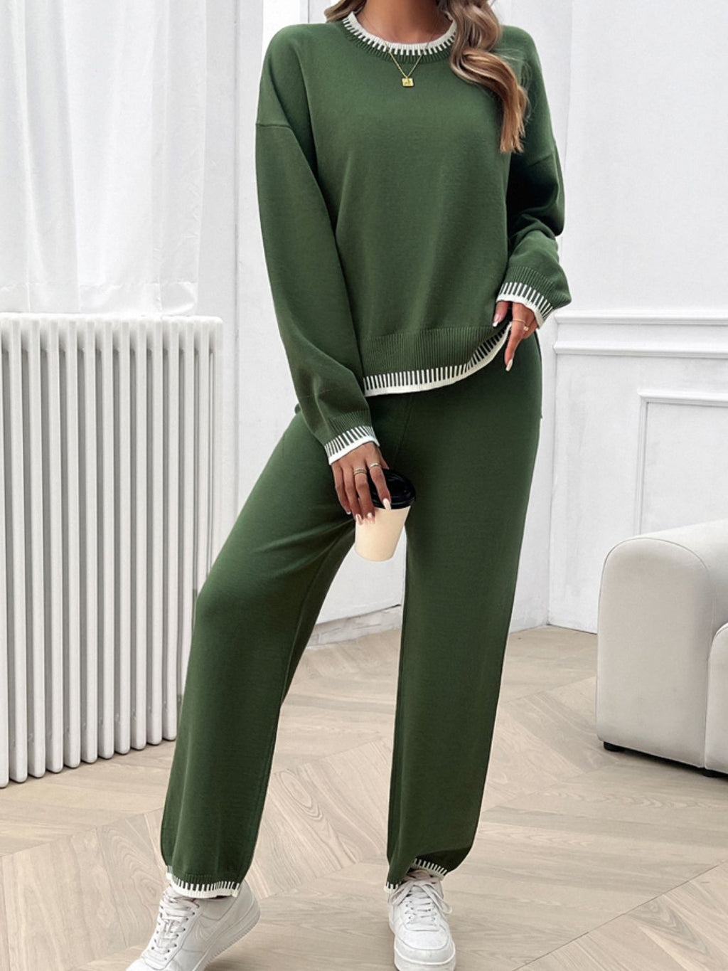 Devine Round Neck Dropped Shoulder Top and Pants Sweater Set - ViarousViarousViarous