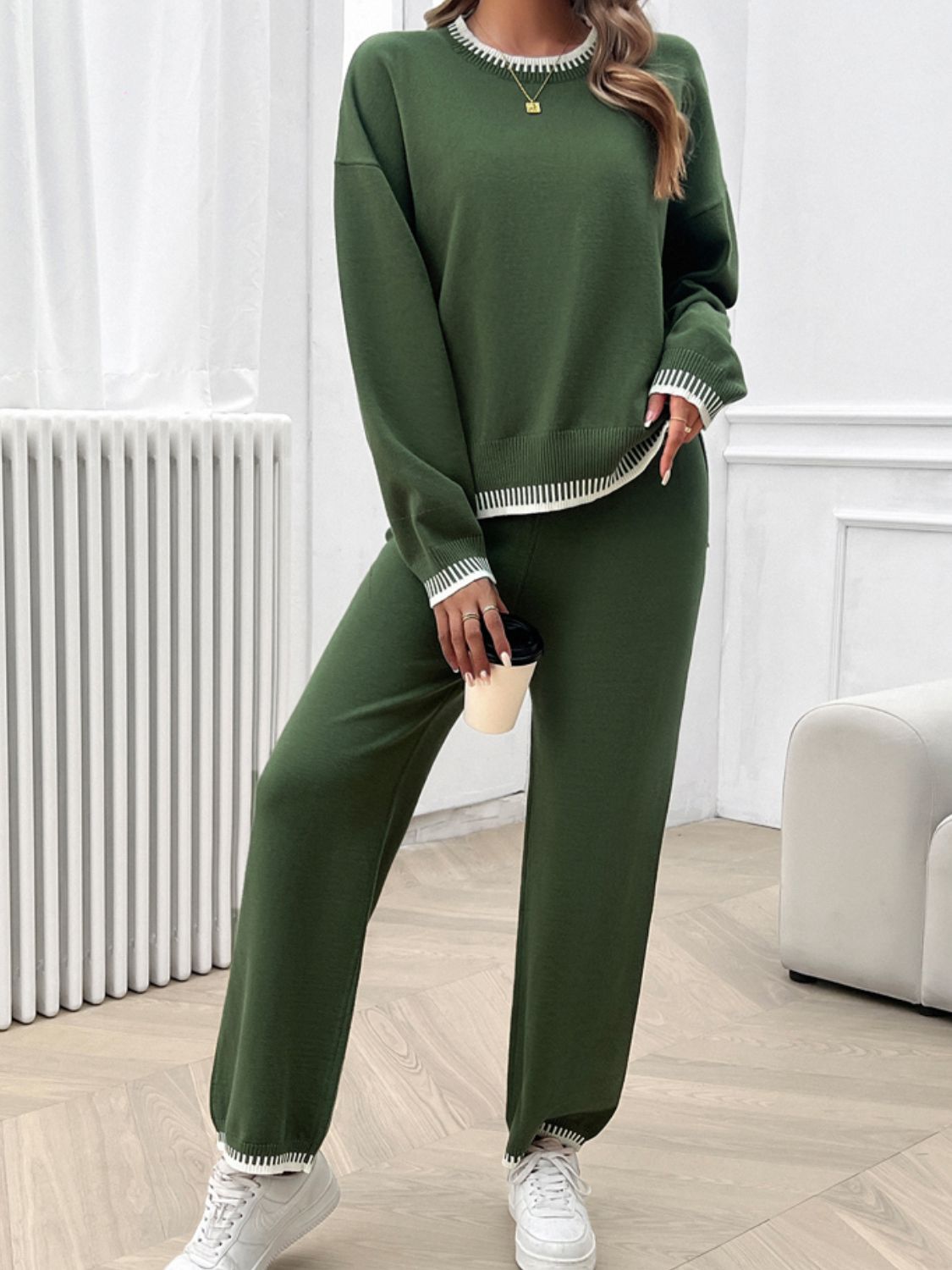 Devine Round Neck Dropped Shoulder Top and Pants Sweater Set - ViarousViarousViarous