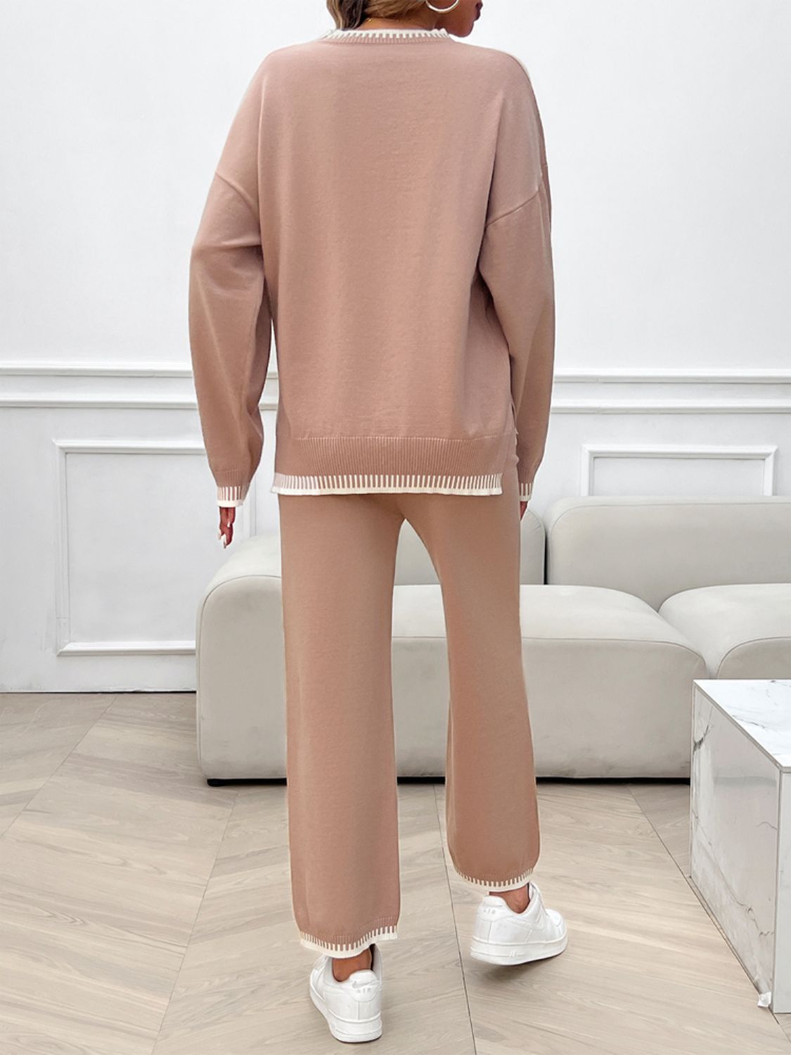 Devine Round Neck Dropped Shoulder Top and Pants Sweater Set - ViarousViarousViarous