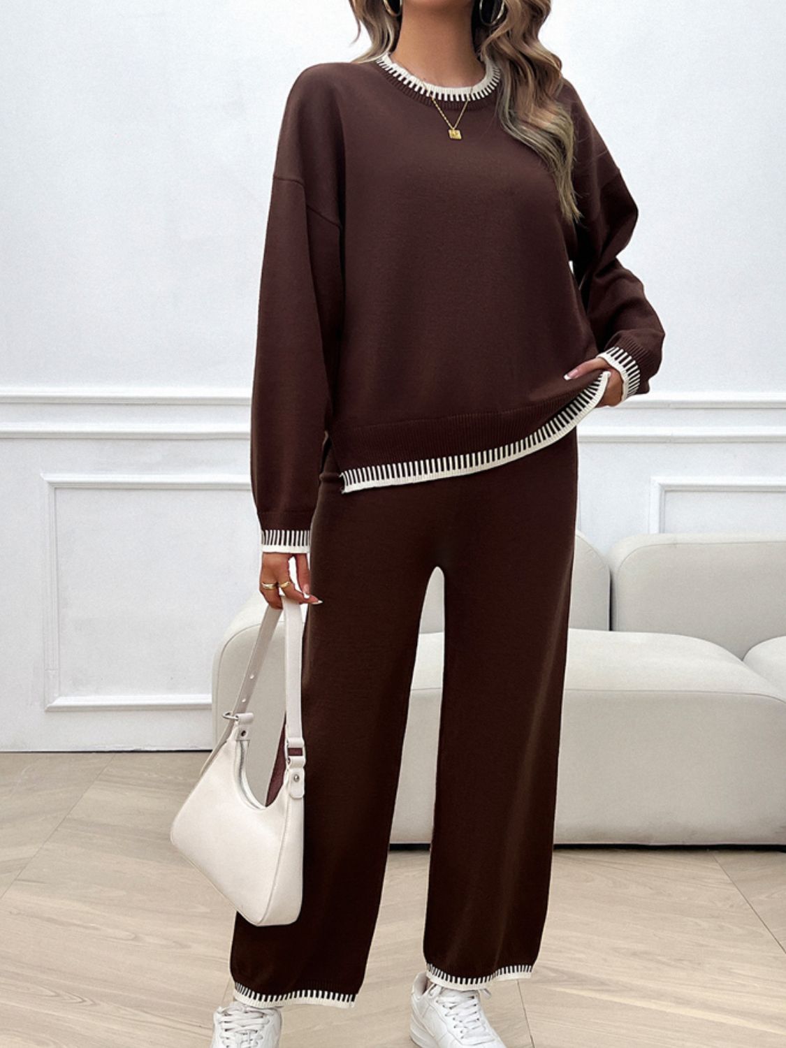 Devine Round Neck Dropped Shoulder Top and Pants Sweater Set - ViarousViarousViarous