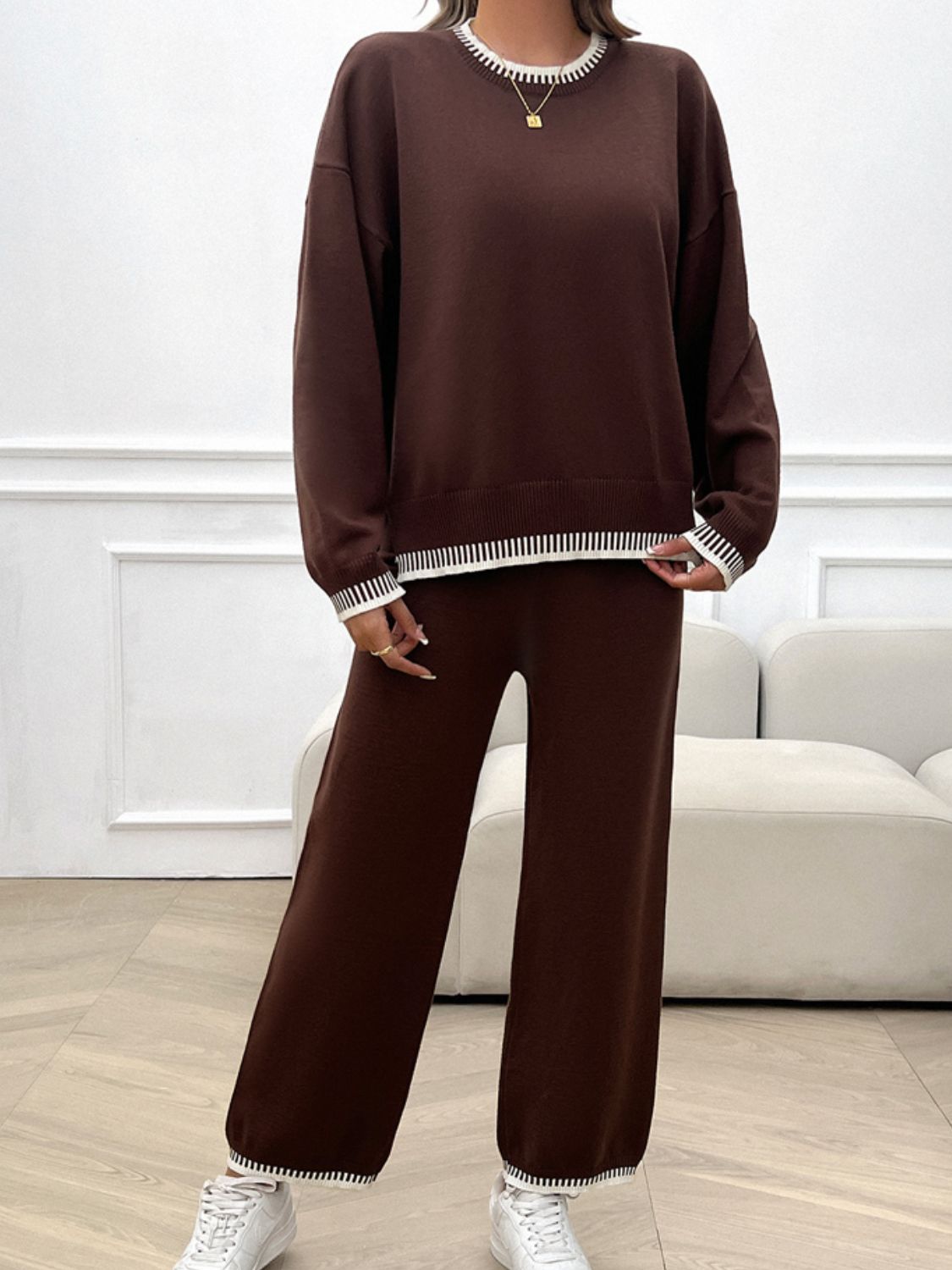 Devine Round Neck Dropped Shoulder Top and Pants Sweater Set - ViarousViarousViarous
