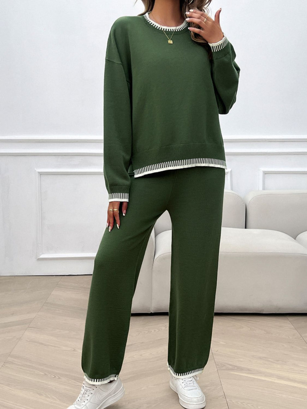 Devine Round Neck Dropped Shoulder Top and Pants Sweater Set - ViarousViarousViarous