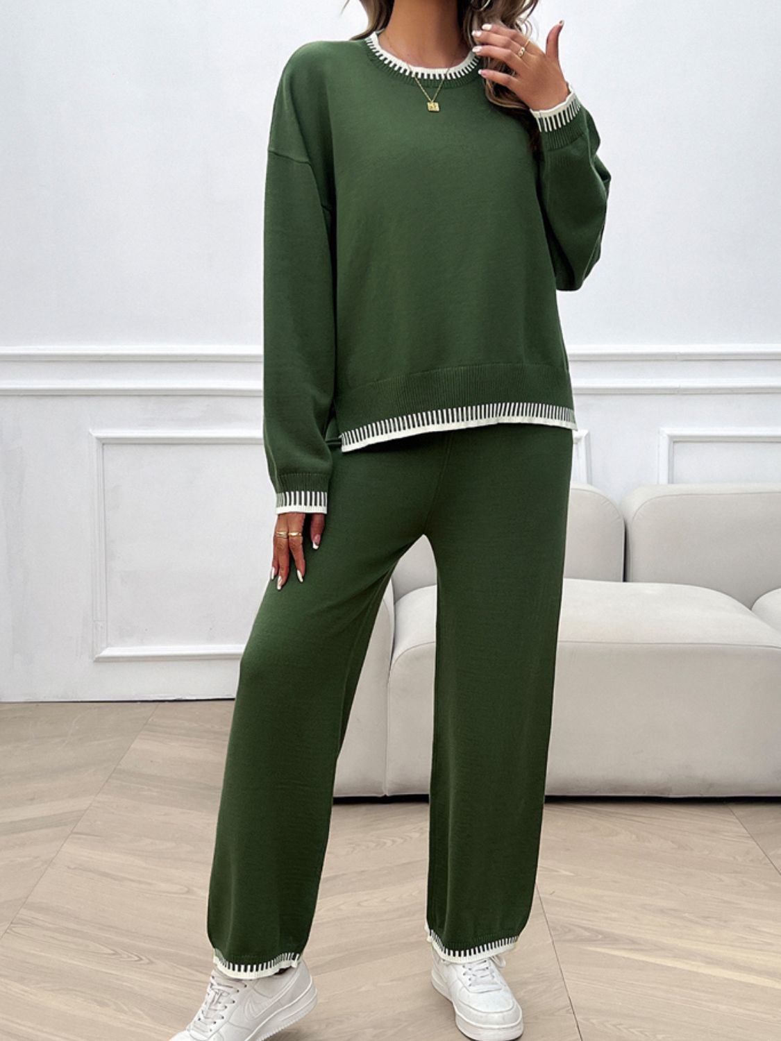 Devine Round Neck Dropped Shoulder Top and Pants Sweater Set - ViarousViarousViarous