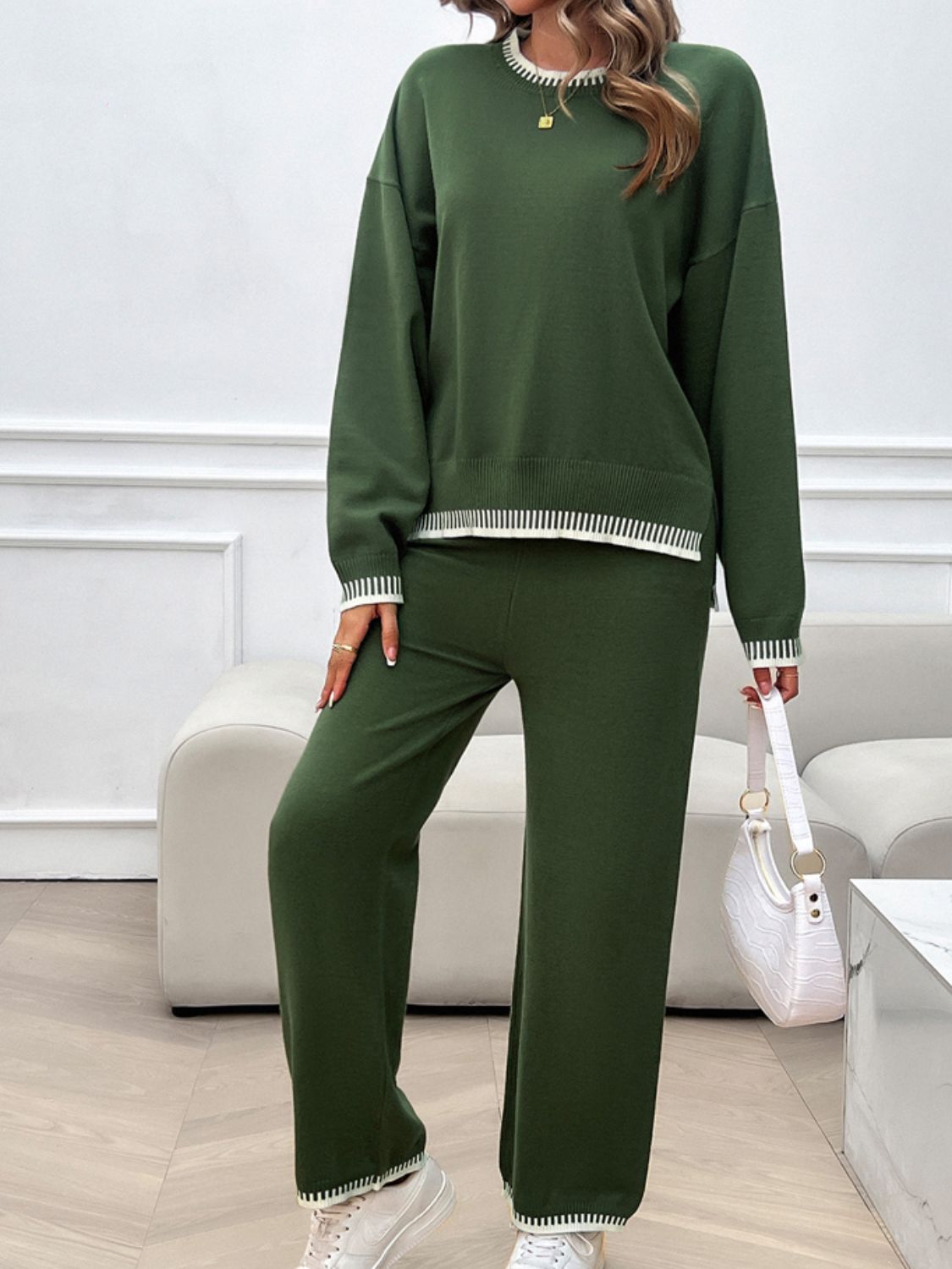 Devine Round Neck Dropped Shoulder Top and Pants Sweater Set - ViarousViarousViarous
