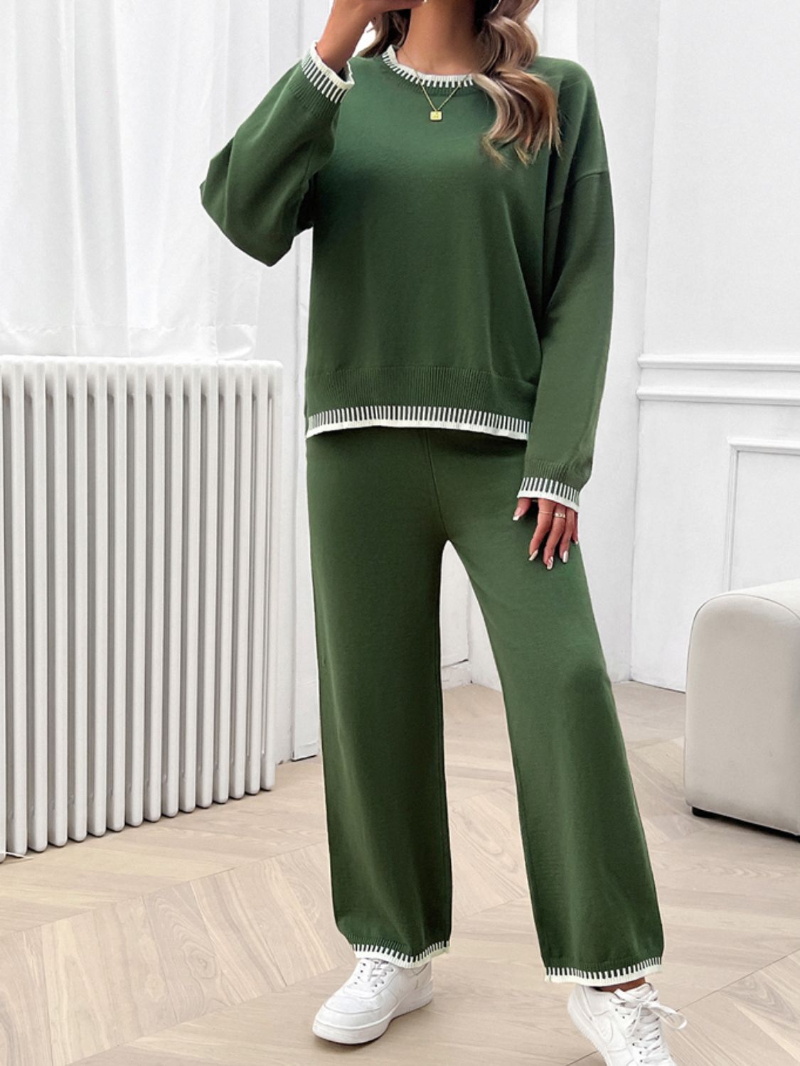 Devine Round Neck Dropped Shoulder Top and Pants Sweater Set - ViarousViarousViarous