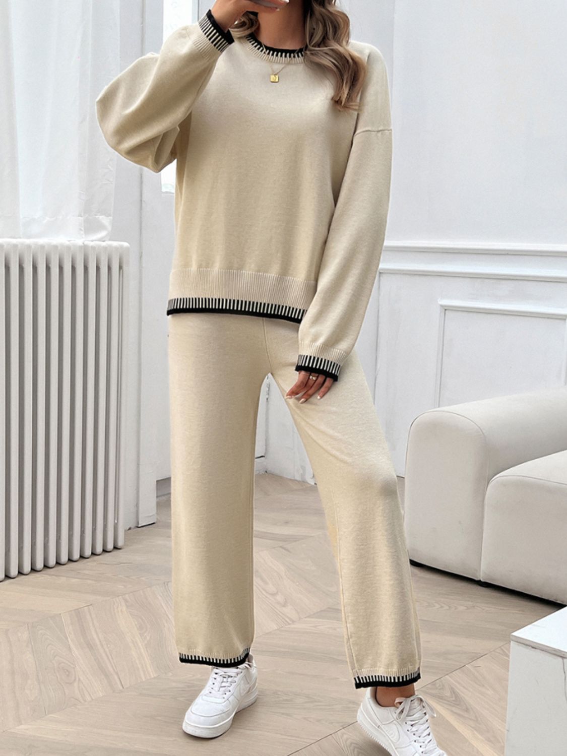 Devine Round Neck Dropped Shoulder Top and Pants Sweater Set - ViarousViarousViarous