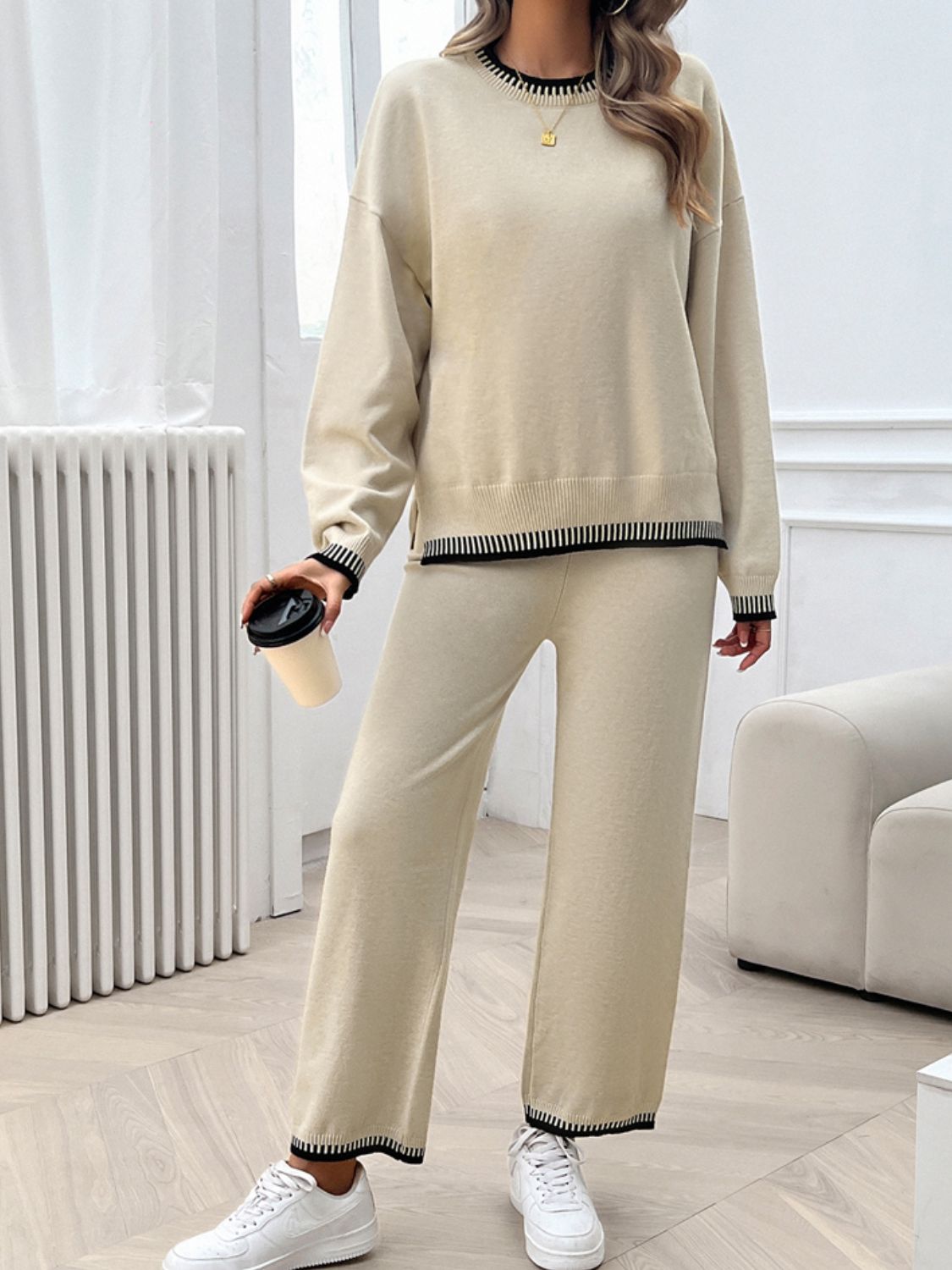 Devine Round Neck Dropped Shoulder Top and Pants Sweater Set - ViarousViarousViarous