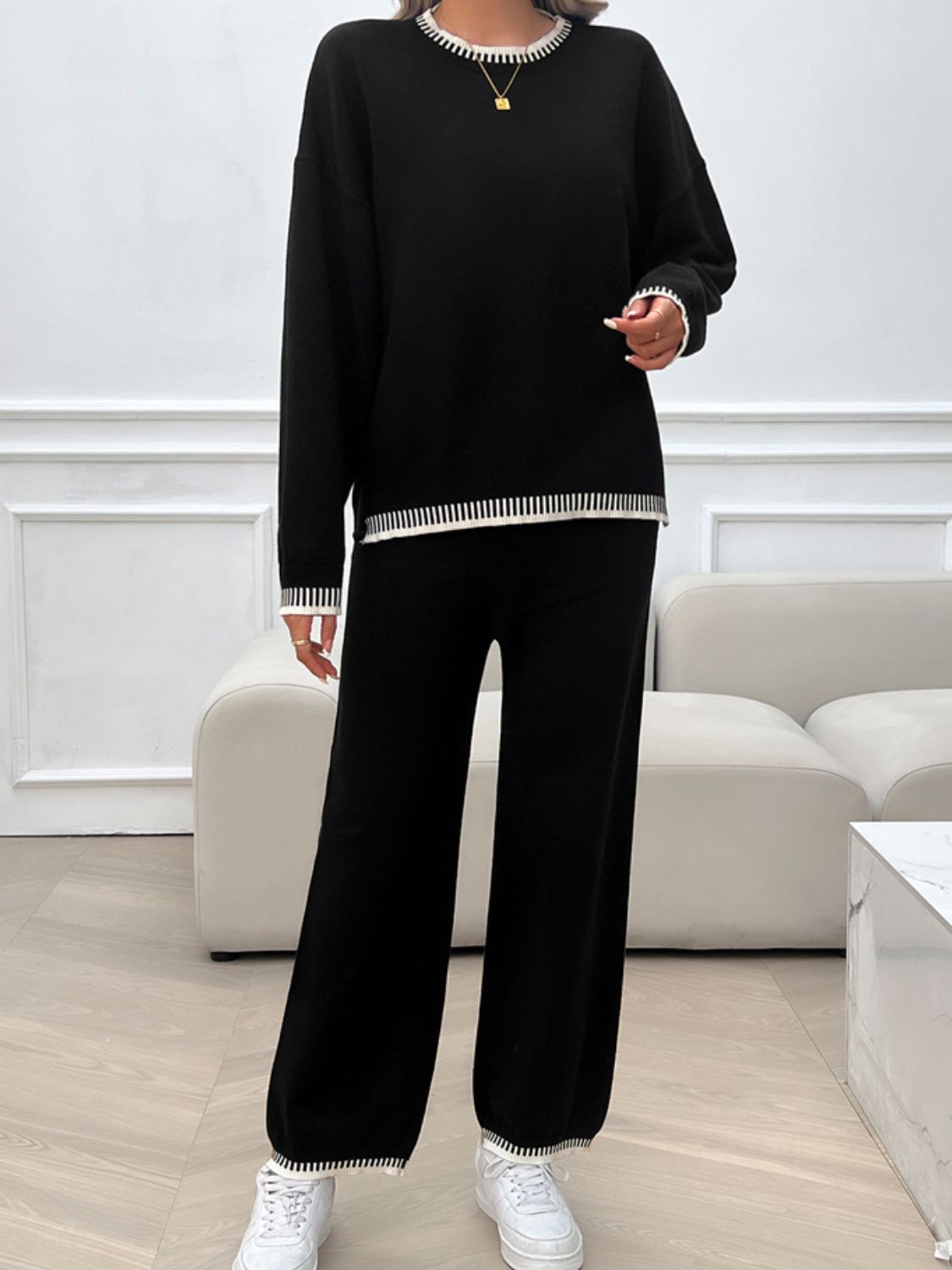 Devine Round Neck Dropped Shoulder Top and Pants Sweater Set - ViarousViarousViarous
