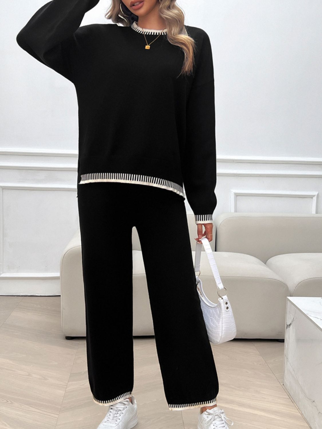 Devine Round Neck Dropped Shoulder Top and Pants Sweater Set - ViarousViarousViarous