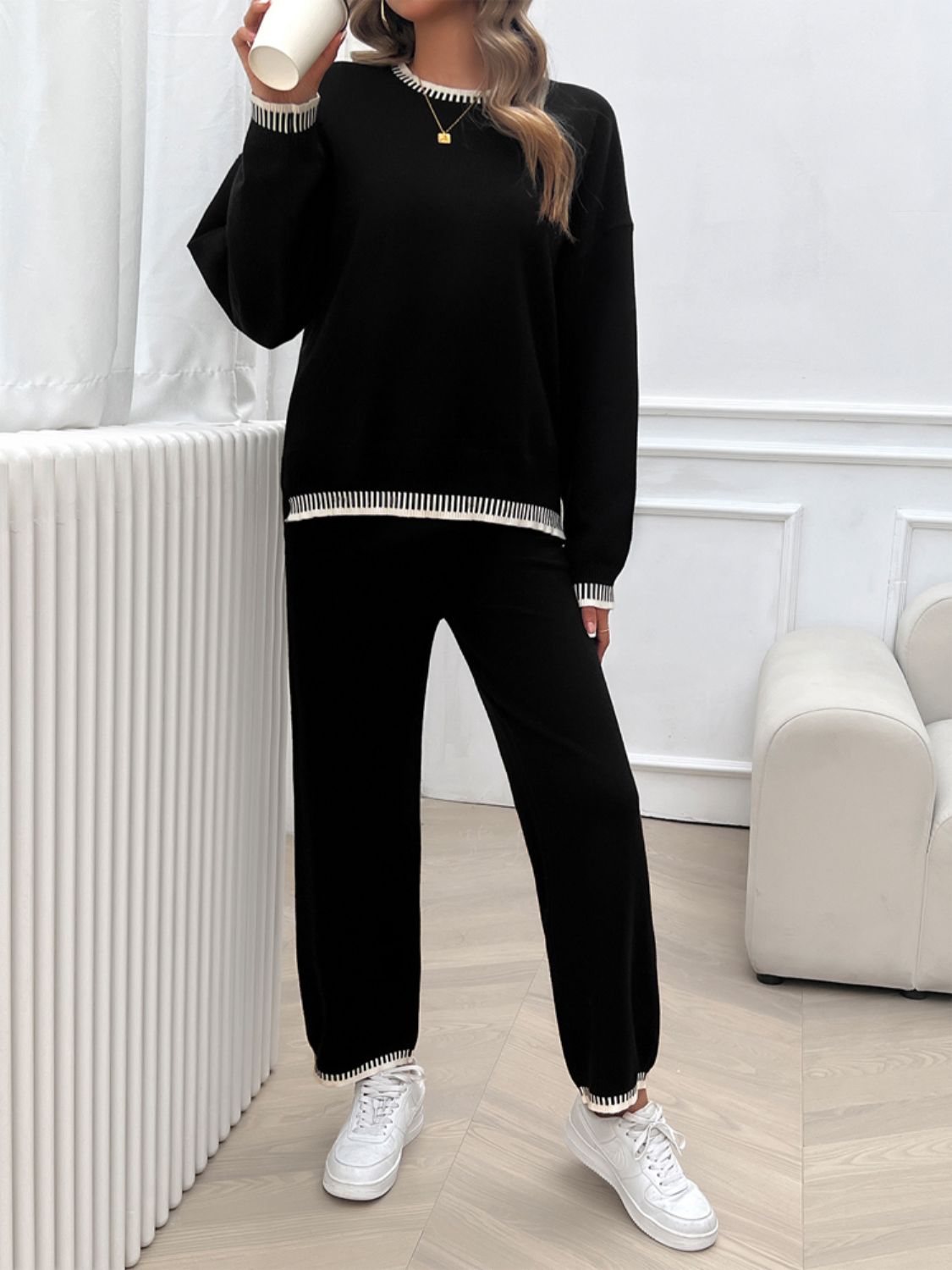 Devine Round Neck Dropped Shoulder Top and Pants Sweater Set - ViarousViarousViarous
