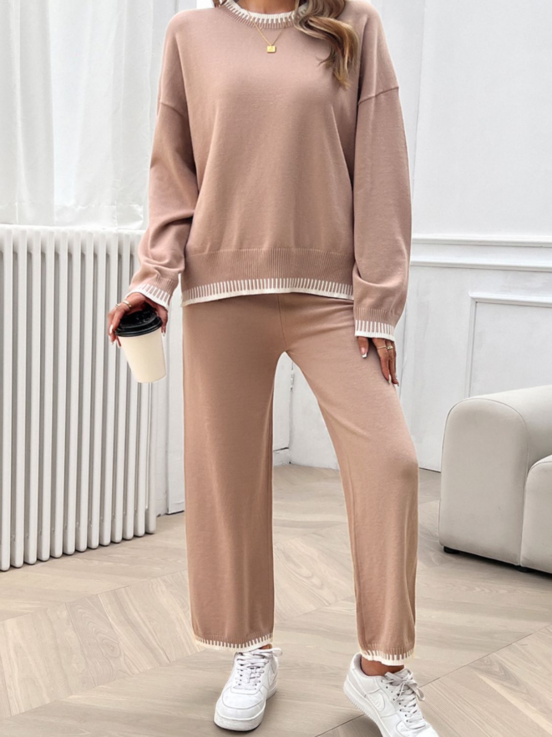 Devine Round Neck Dropped Shoulder Top and Pants Sweater Set - ViarousViarousViarous