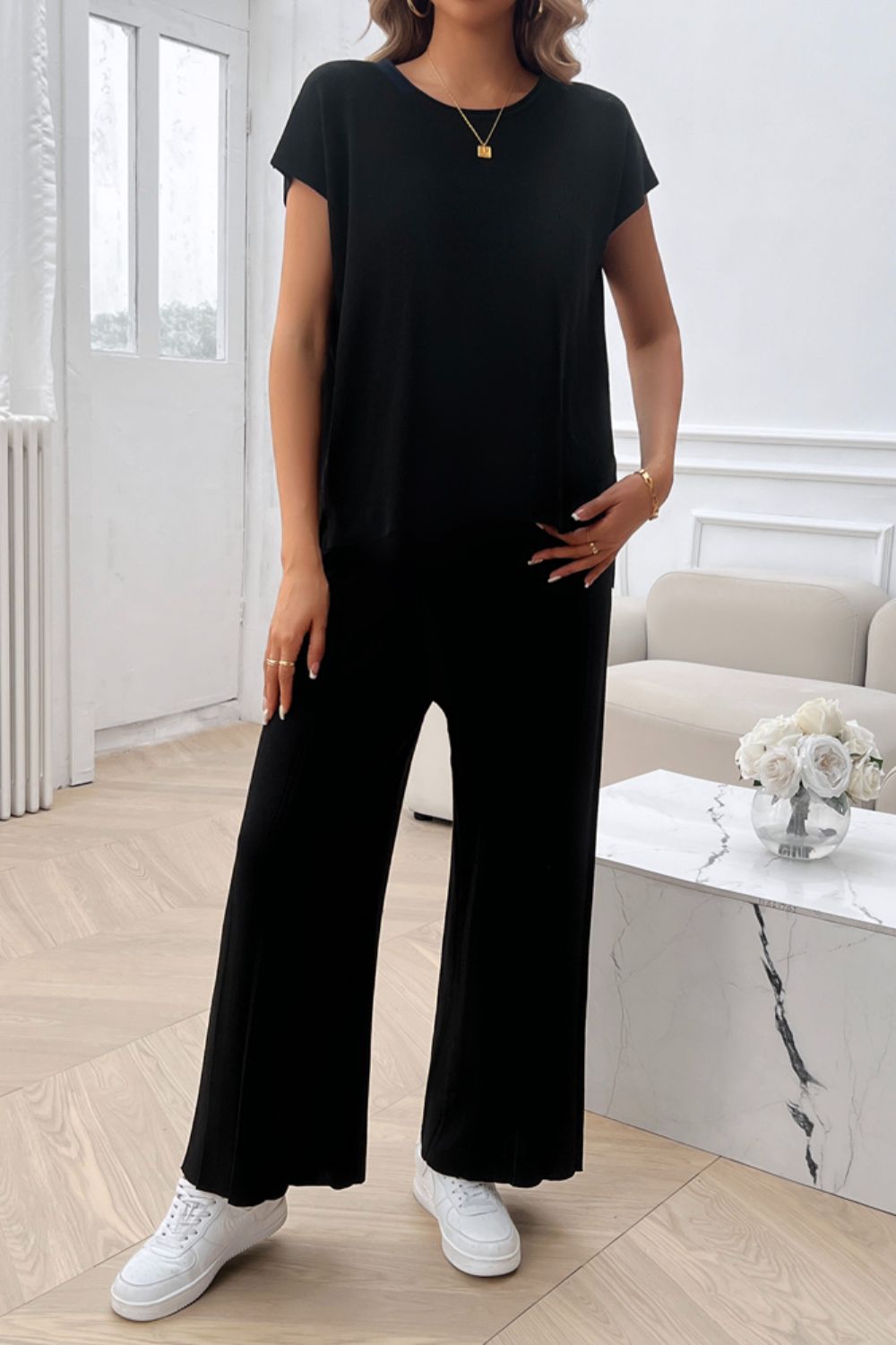 Devine Round Neck Short Sleeve Top and Pants Set - ViarousViarousViarous