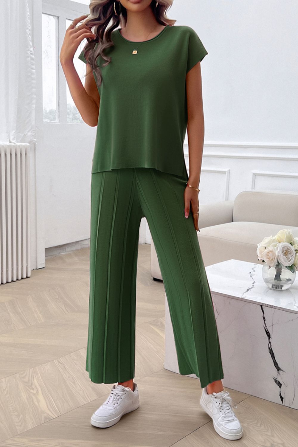 Devine Round Neck Short Sleeve Top and Pants Set - ViarousViarousViarous