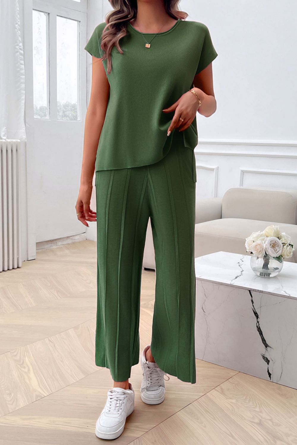 Devine Round Neck Short Sleeve Top and Pants Set - ViarousViarousViarous