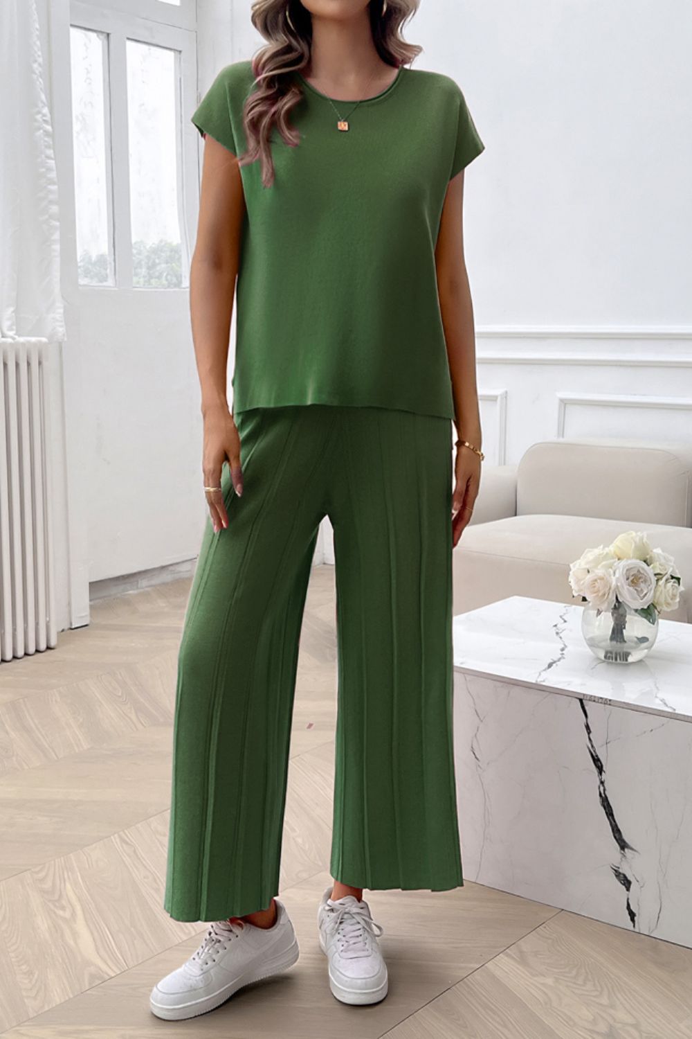 Devine Round Neck Short Sleeve Top and Pants Set - ViarousViarousViarous