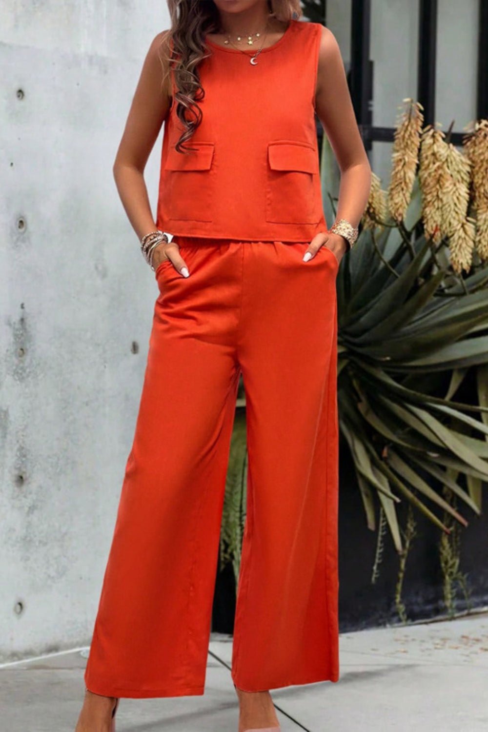 Devine Round Neck Tank and Wide Leg Pants Set - ViarousViarousViarous