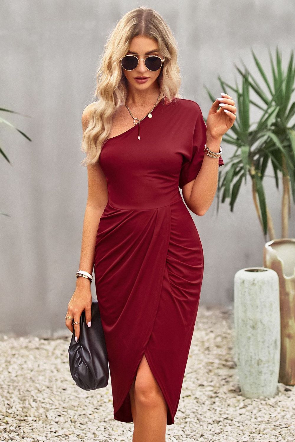 Devine Ruched One - Shoulder Tulip Hem Dress - ViarousViarousViarous