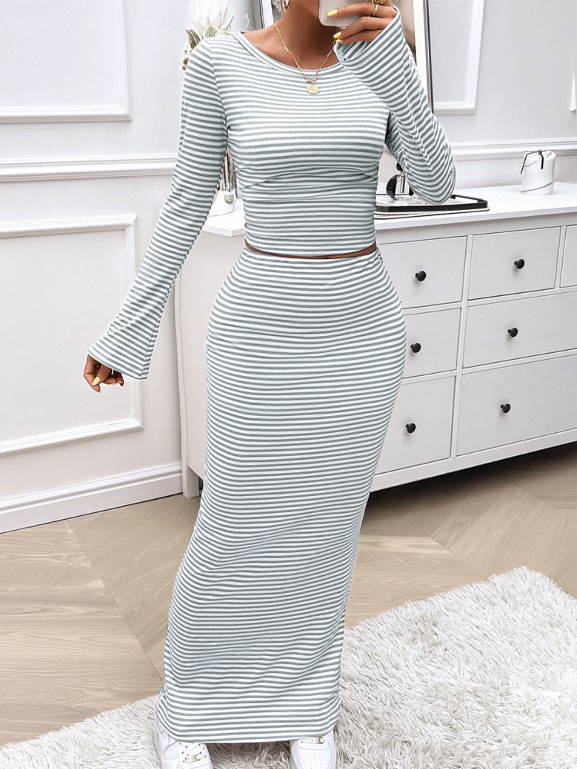 Devine Striped Boat Neck Top and Skirt Set - ViarousViarousViarous