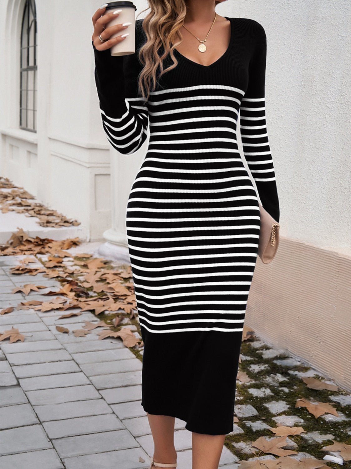 Devine Striped V - Neck Long Sleeve Sweater Dress - ViarousViarousViarous