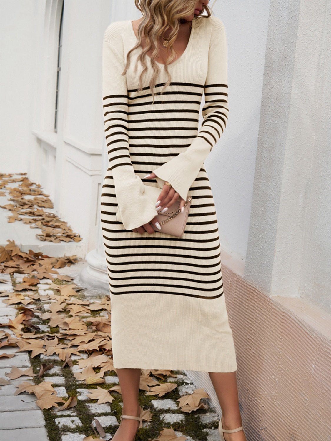 Devine Striped V - Neck Long Sleeve Sweater Dress - ViarousViarousViarous