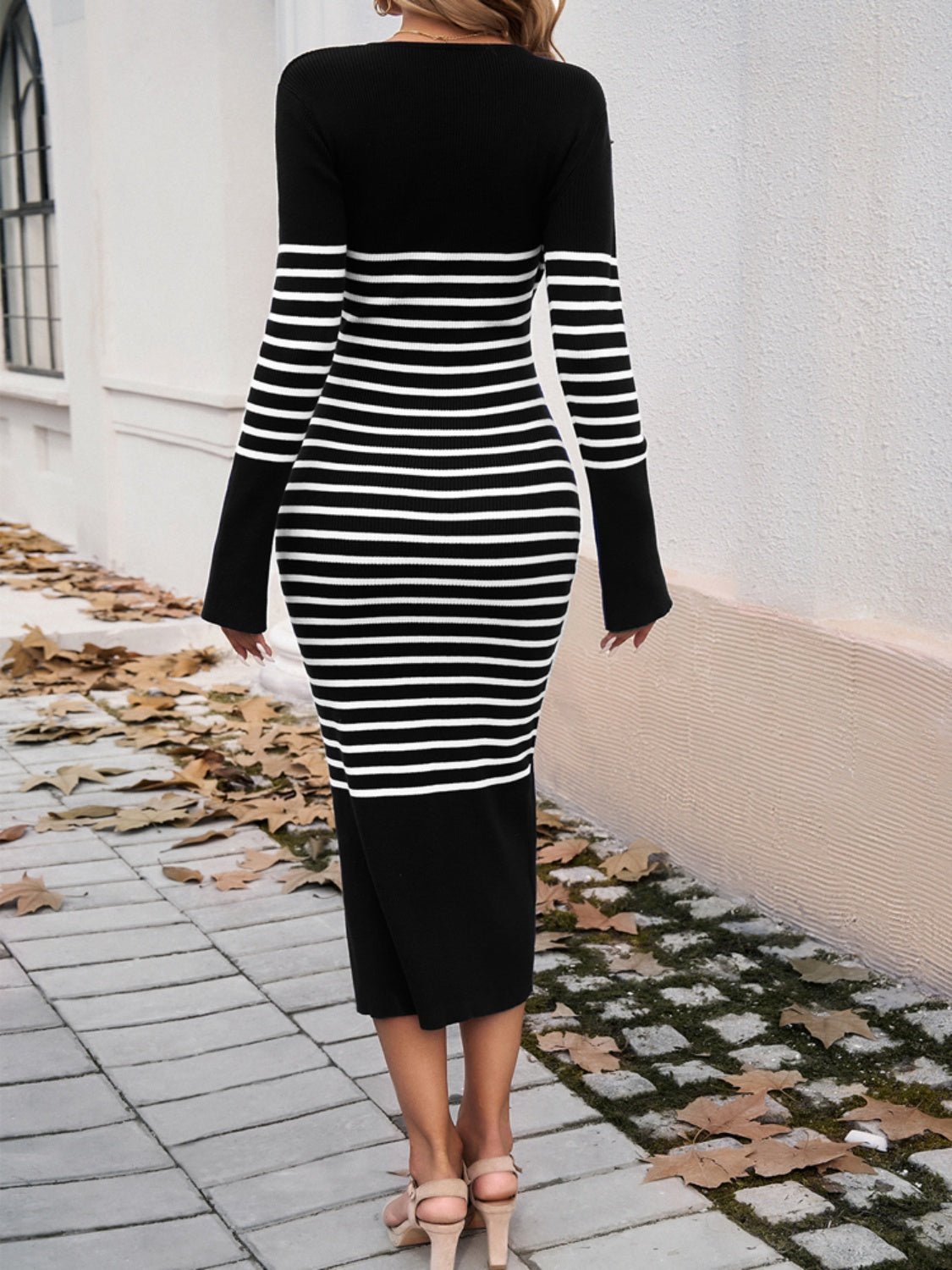 Devine Striped V - Neck Long Sleeve Sweater Dress - ViarousViarousViarous