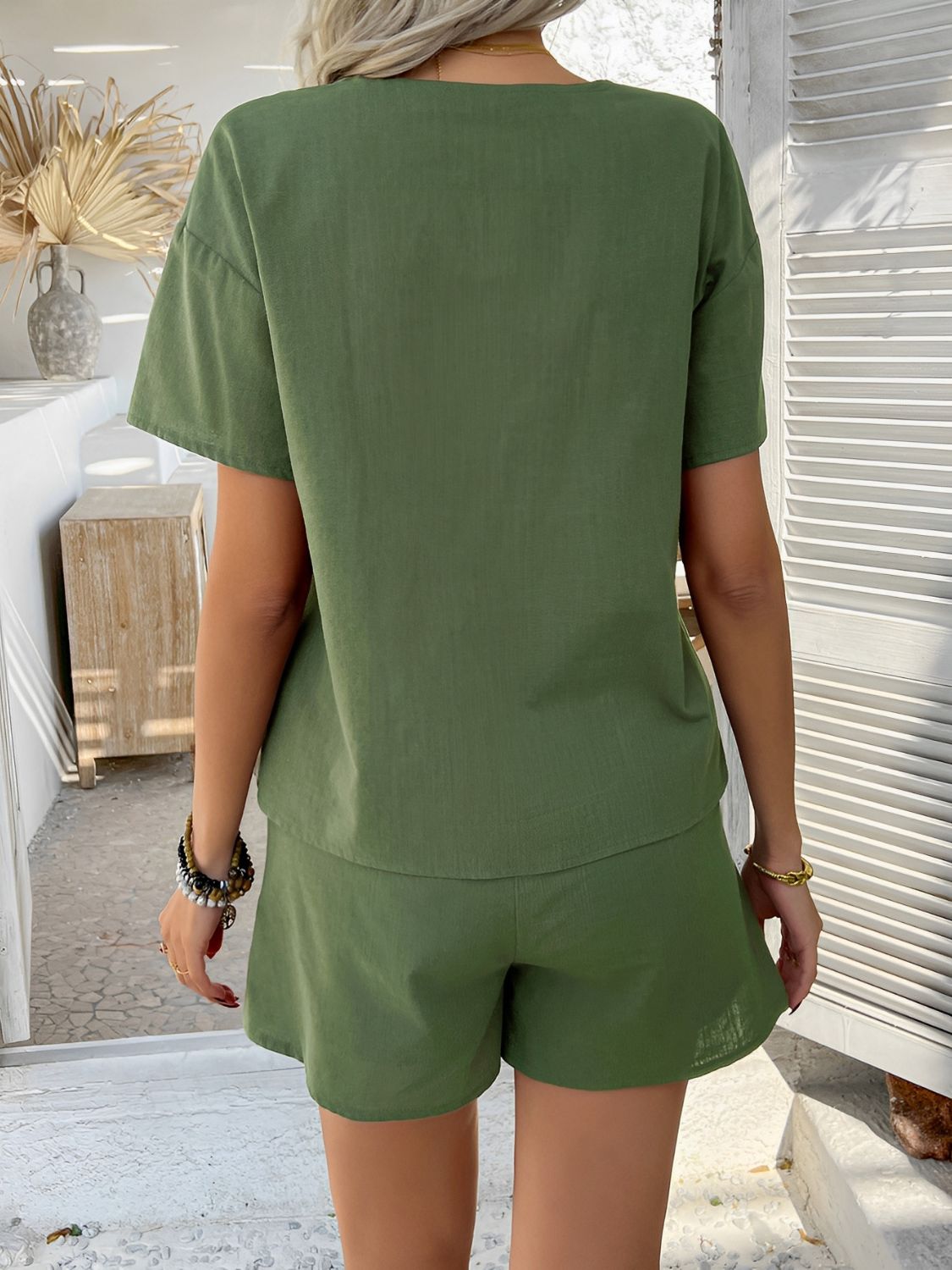 Devine Tied V - Neck Short Sleeve Top and Shorts Set - ViarousViarousViarous