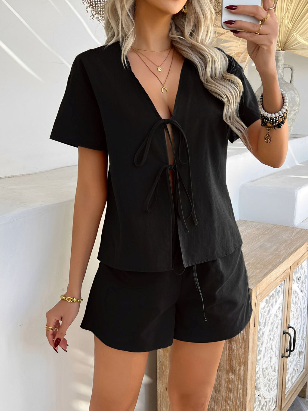 Devine Tied V - Neck Short Sleeve Top and Shorts Set - ViarousViarousViarous