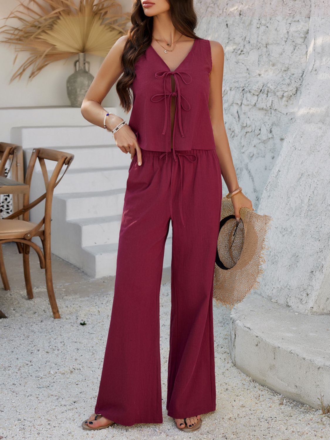 Devine Tied V - Neck Sleeveless Top and Pants Set - ViarousViarousViarous