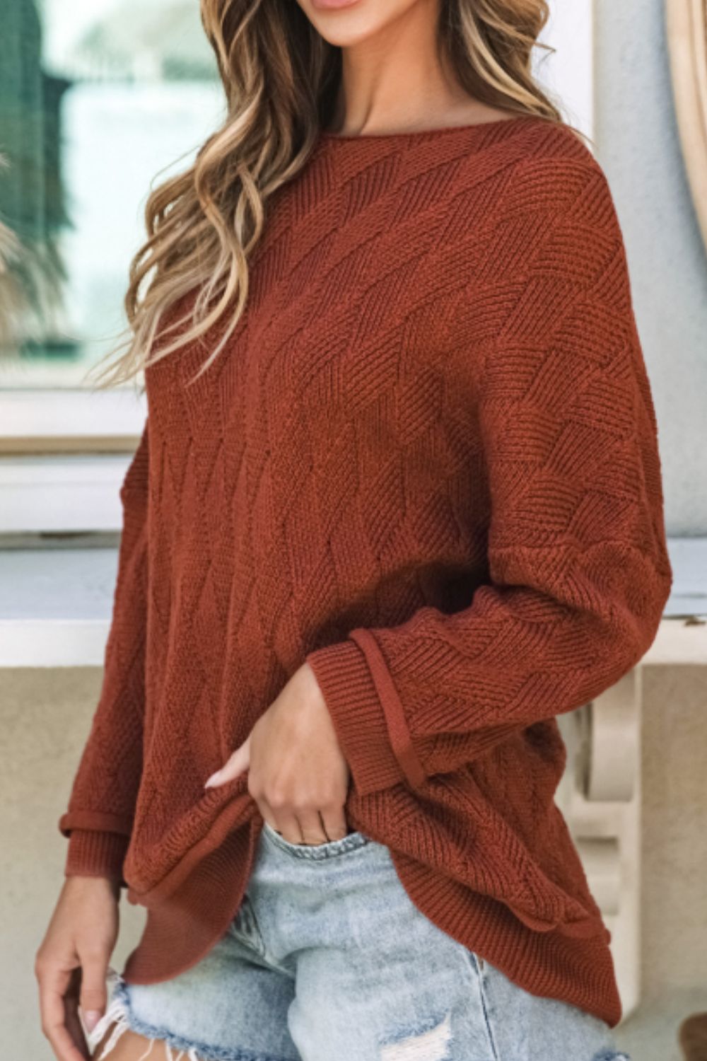 Diamond Round Neck Dropped Shoulder Sweater - ViarousViarousViarous