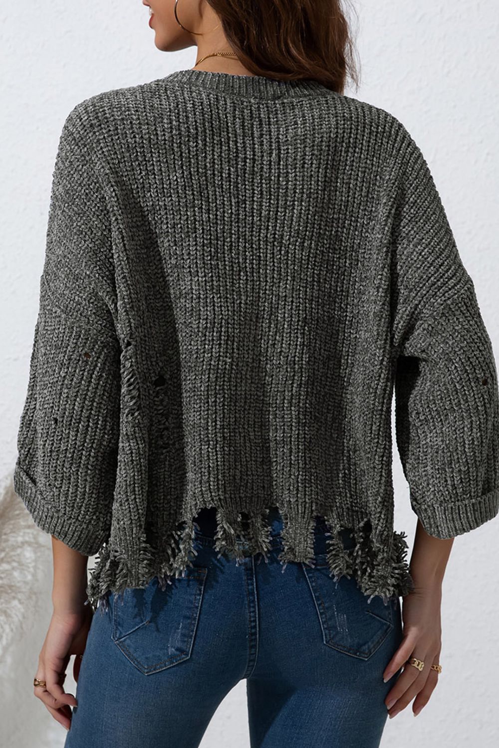 Distressed Round Neck Drop Shoulder Sweater - ViarousViarousViarous