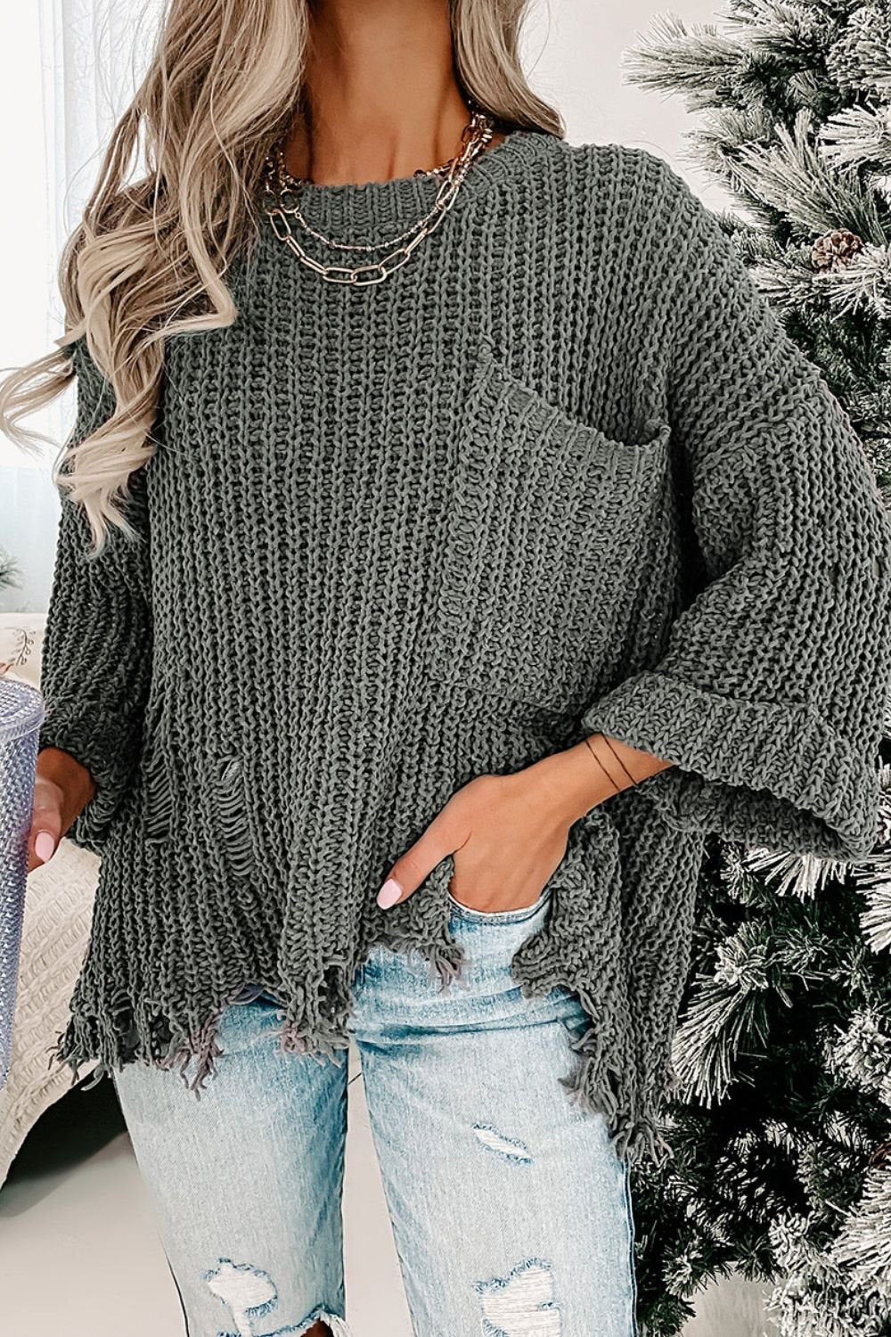 Distressed Round Neck Drop Shoulder Sweater - ViarousViarousViarous