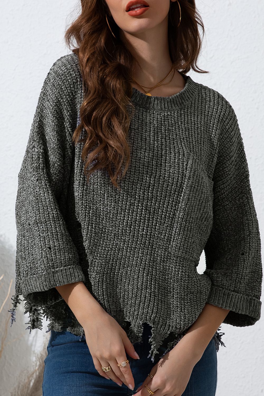 Distressed Round Neck Drop Shoulder Sweater - ViarousViarousViarous
