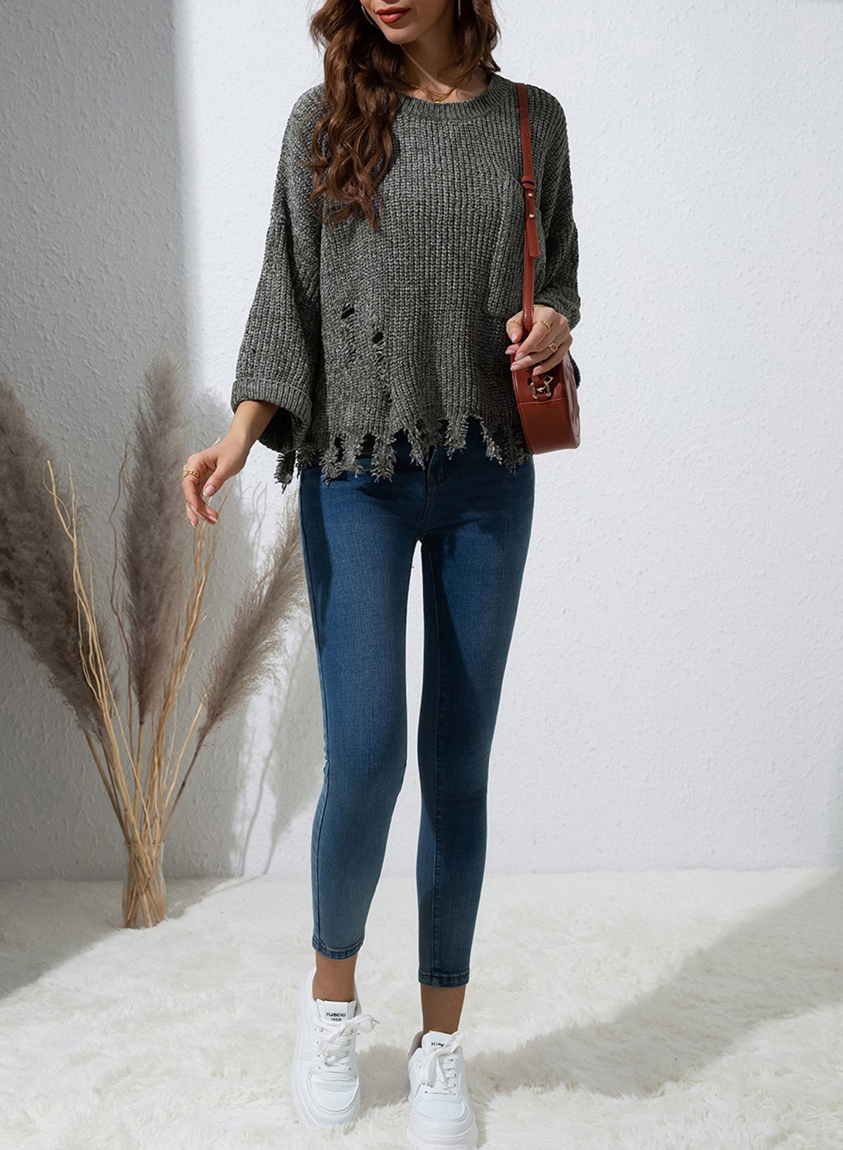 Distressed Round Neck Drop Shoulder Sweater - ViarousViarousViarous