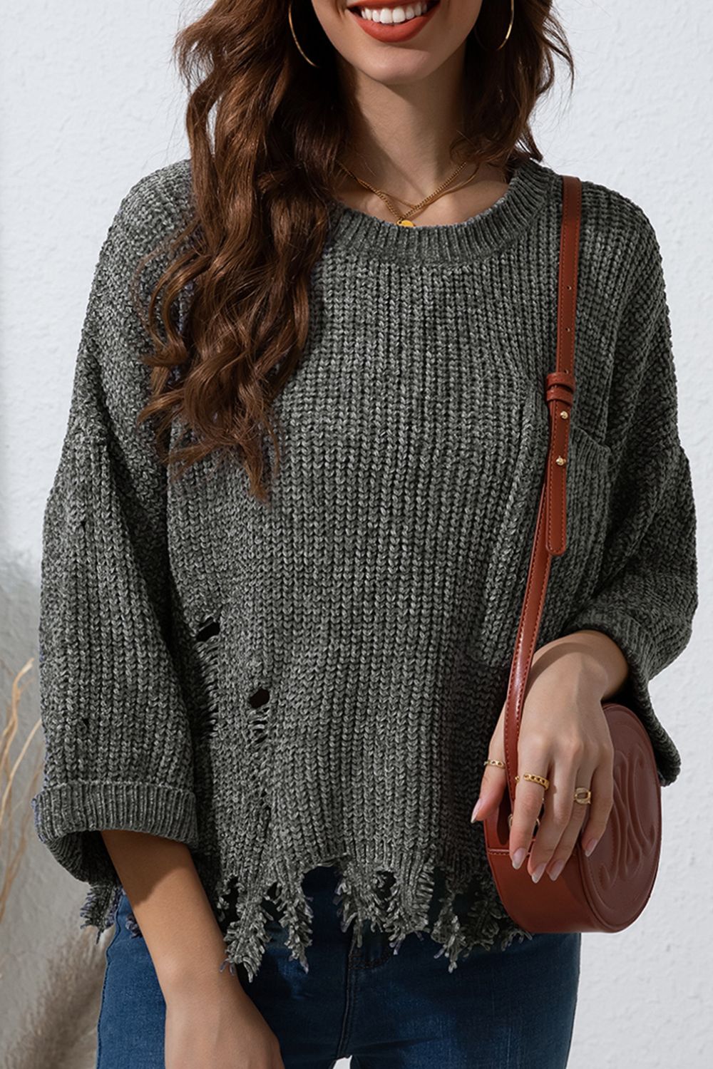 Distressed Round Neck Drop Shoulder Sweater - ViarousViarousViarous