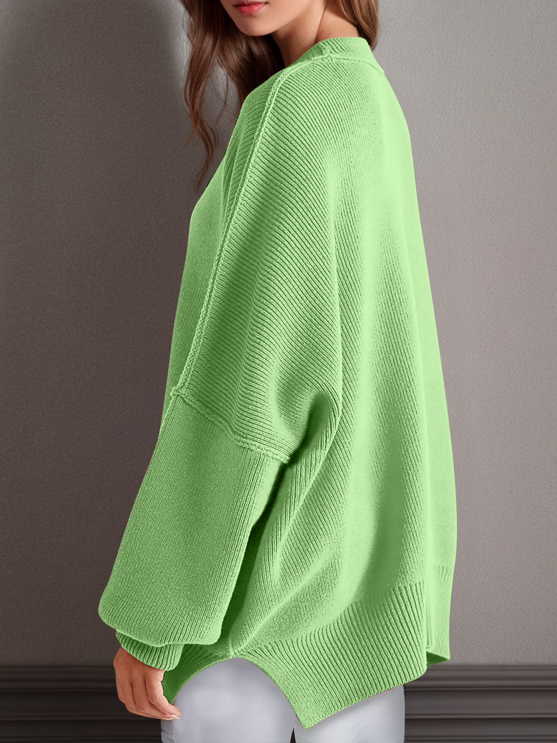 Double Take Side Slit Round Neck Long Sleeve Sweater - ViarousViarousViarous