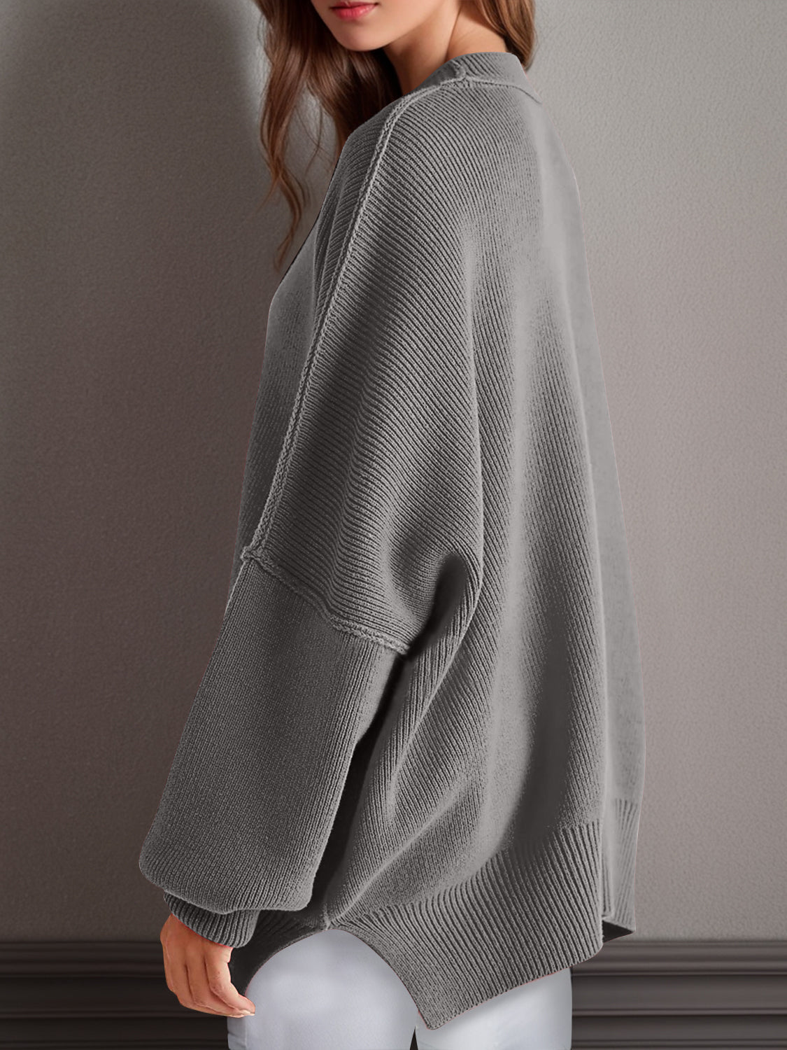 Double Take Side Slit Round Neck Long Sleeve Sweater - ViarousViarousViarous