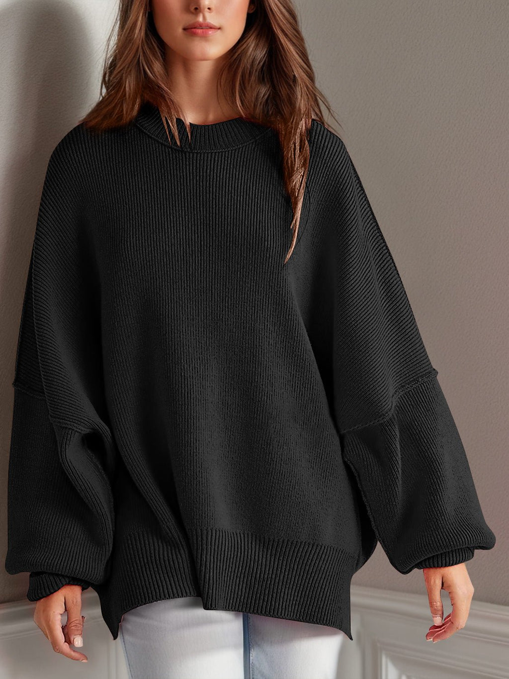 Double Take Side Slit Round Neck Long Sleeve Sweater - ViarousViarousViarous