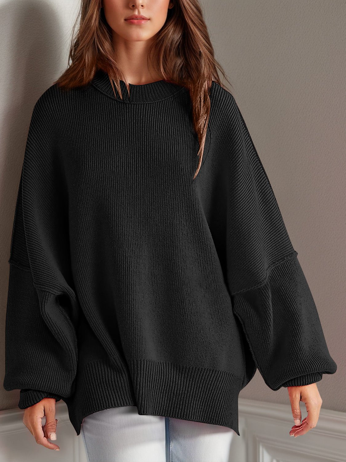 Double Take Side Slit Round Neck Long Sleeve Sweater - ViarousViarousViarous