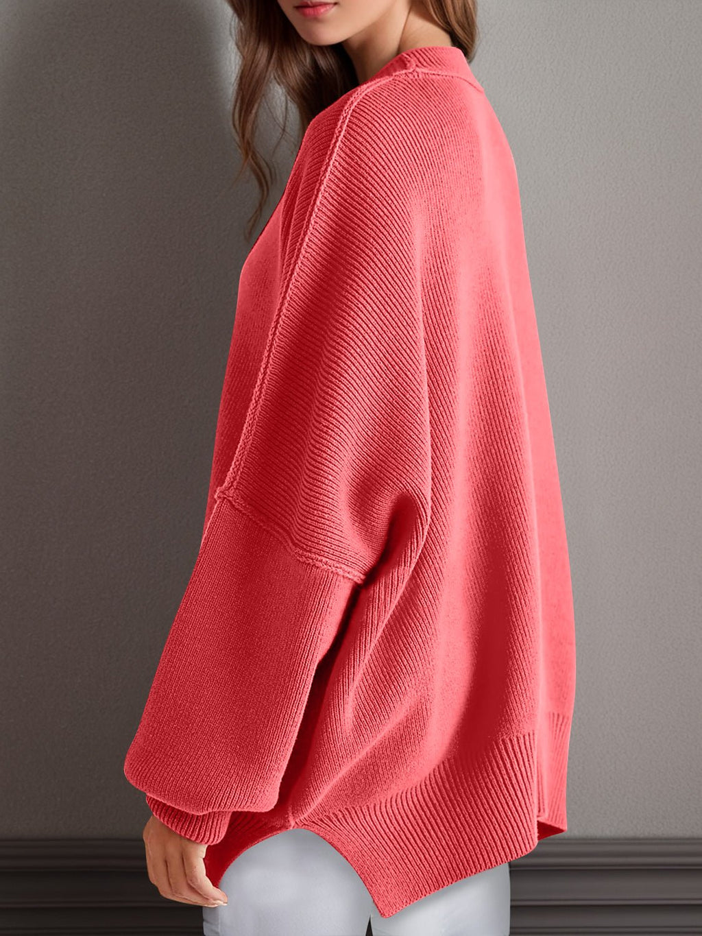 Double Take Side Slit Round Neck Long Sleeve Sweater - ViarousViarousViarous