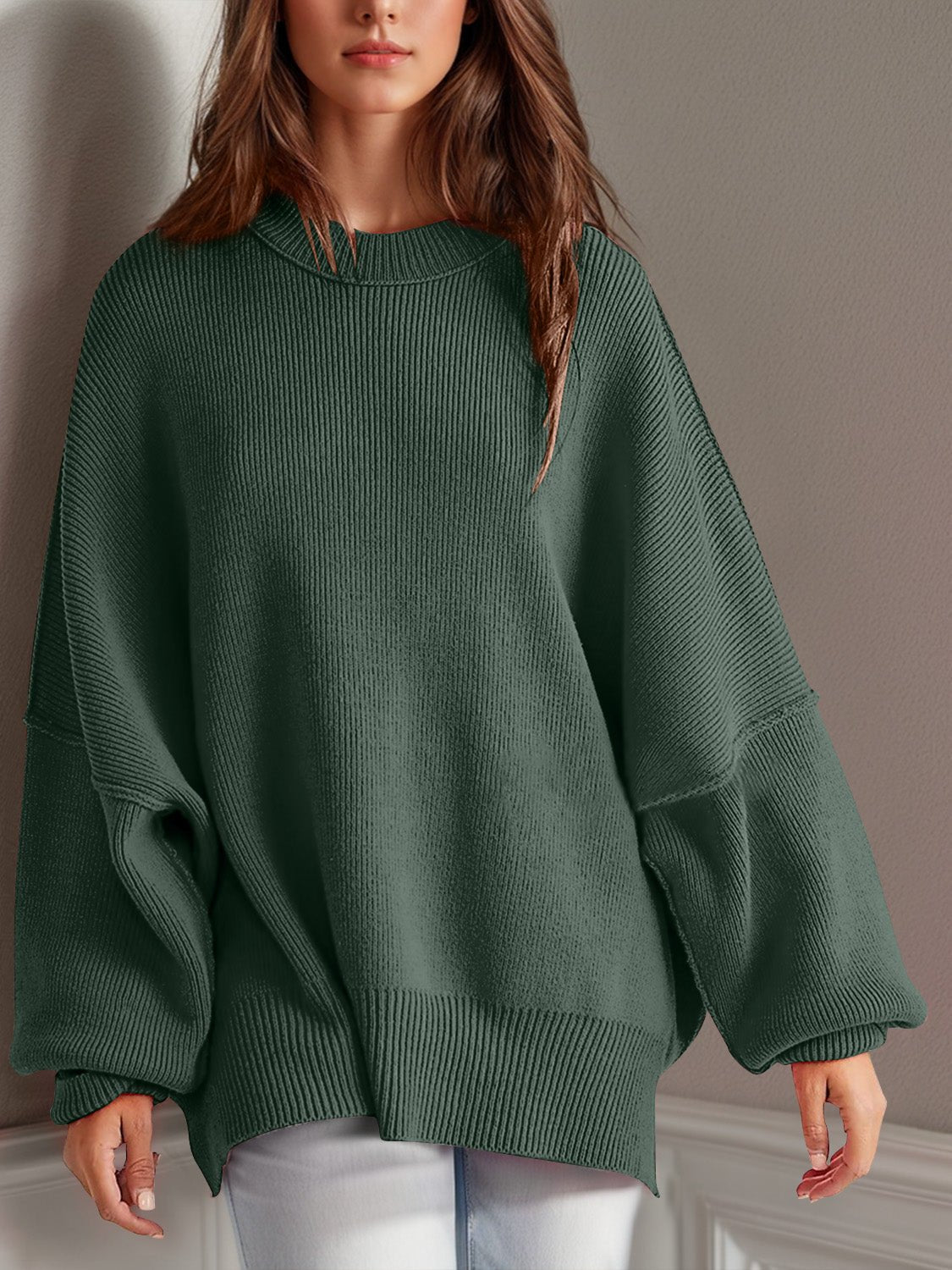 Double Take Side Slit Round Neck Long Sleeve Sweater - ViarousViarousViarous