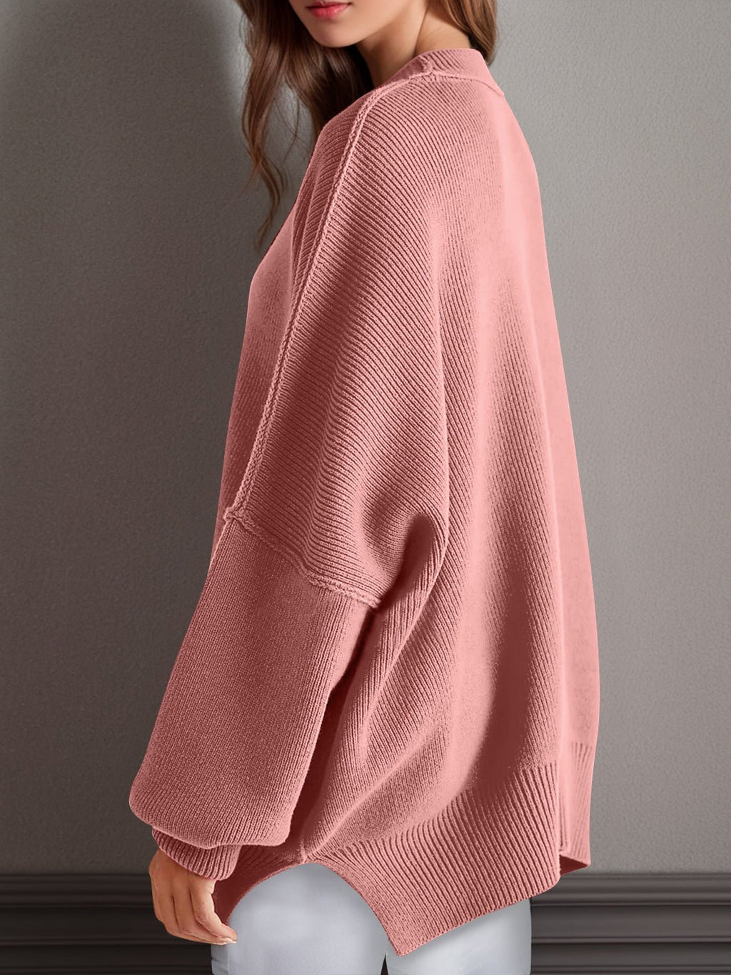 Double Take Side Slit Round Neck Long Sleeve Sweater - ViarousViarousViarous