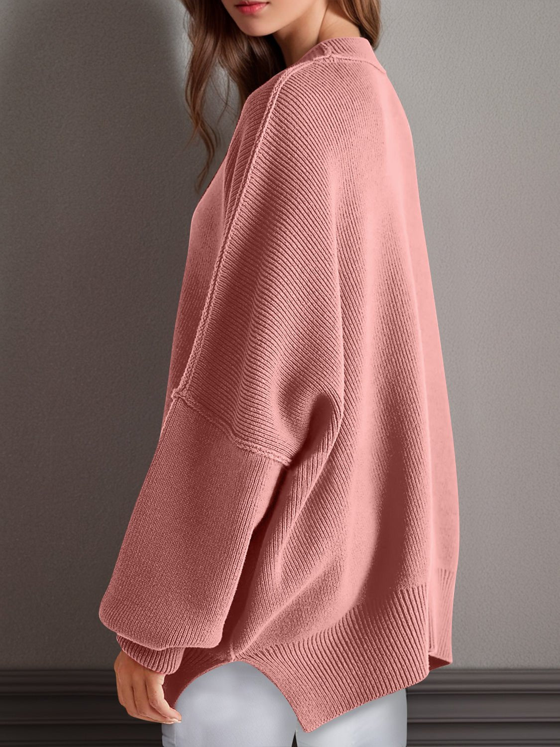 Double Take Side Slit Round Neck Long Sleeve Sweater - ViarousViarousViarous