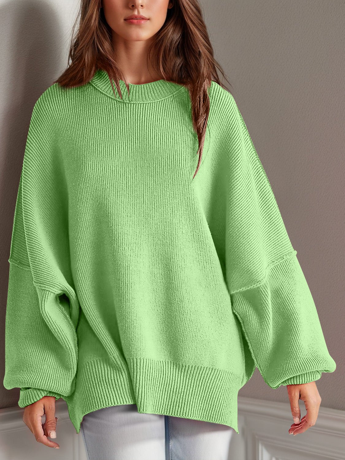 Double Take Side Slit Round Neck Long Sleeve Sweater - ViarousViarousViarous